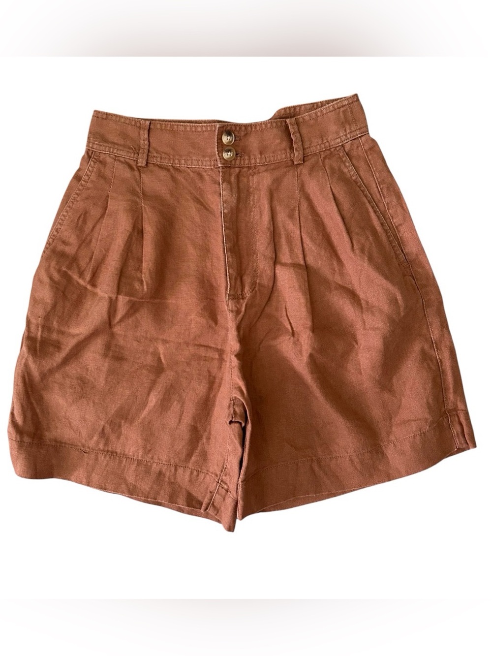 Madewell Tan 100% Linen Shorts SZ 00 Pockets Pleated Beach Vacation Coastal